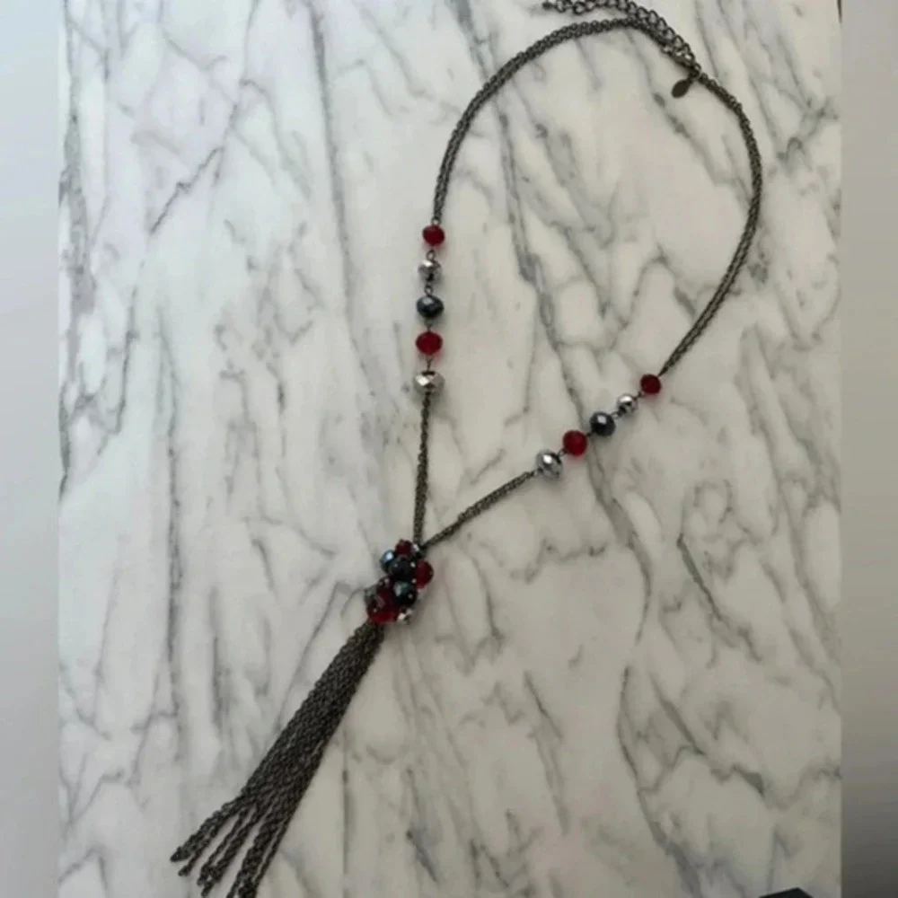 Aldo fashion necklace silver black and red stones @18” long